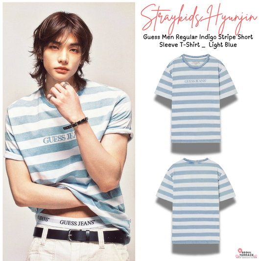 [Straykids Hyunjin Worn] 26 Summer Guess Men Regular Indigo Stripe Short Sleeve T-Shirt _  Light Blue
