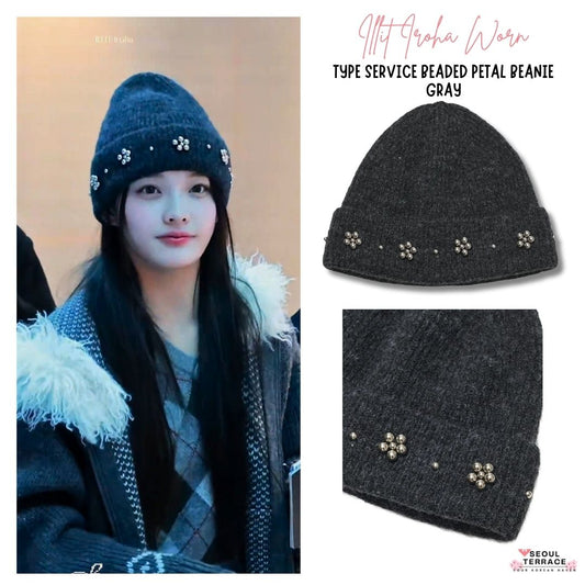[Illit Iroha Worn] TYPE SERVICE Beaded Petal Beanie Gray