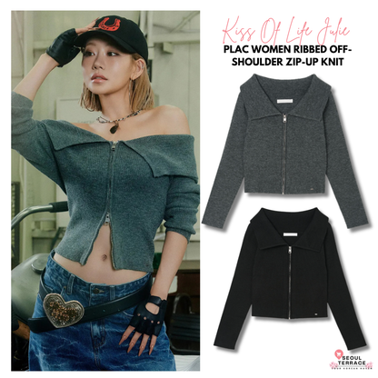 [Kiss Of Life Julie] Plac Women Ribbed Off-Shoulder Zip-Up Knit