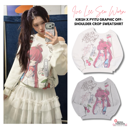 [Ive Lee Seo Worn] Kirsh X Pyitu Graphic Off-Shoulder Crop Sweatshirt