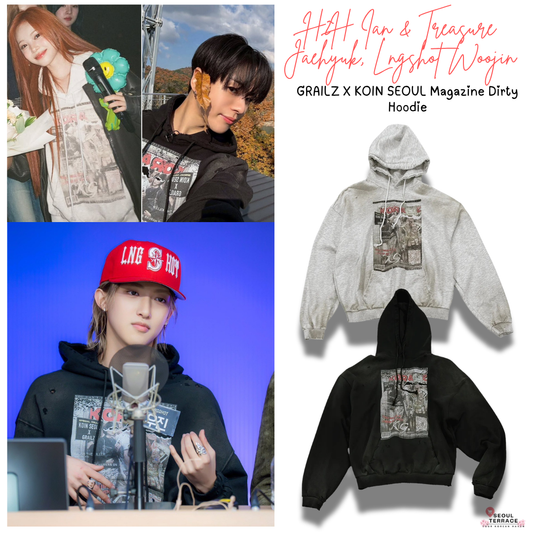[Hearts2Hearts Ian, Treasure Jaehyuk & Lngshot Woojin Worn] GRAILZ X KOIN SEOUL Magazine Dirty Hoodie