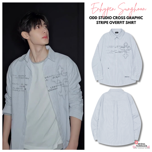 [Enhypen Sunghoon Worn] ODD STUDIO Cross Graphic Stripe Overfit Shirt Blue