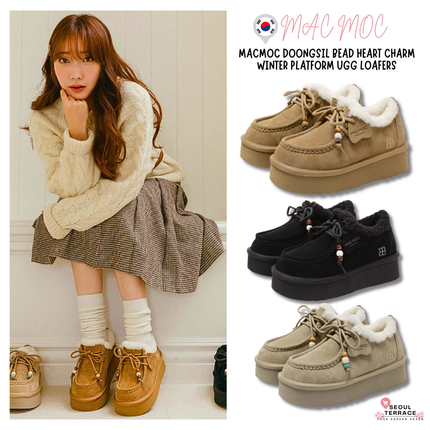 Macmoc Doongsil Bead Heart Charm Winter Platform Ugg Loafers