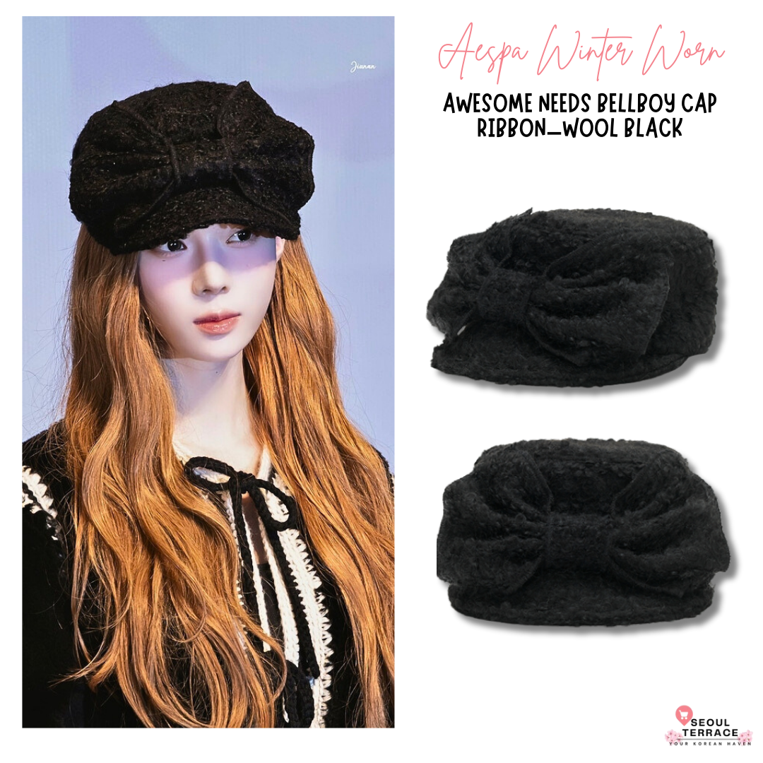 [Aespa Winter Worn] Awesome Needs Bellboy Cap Ribbon_Wool Black