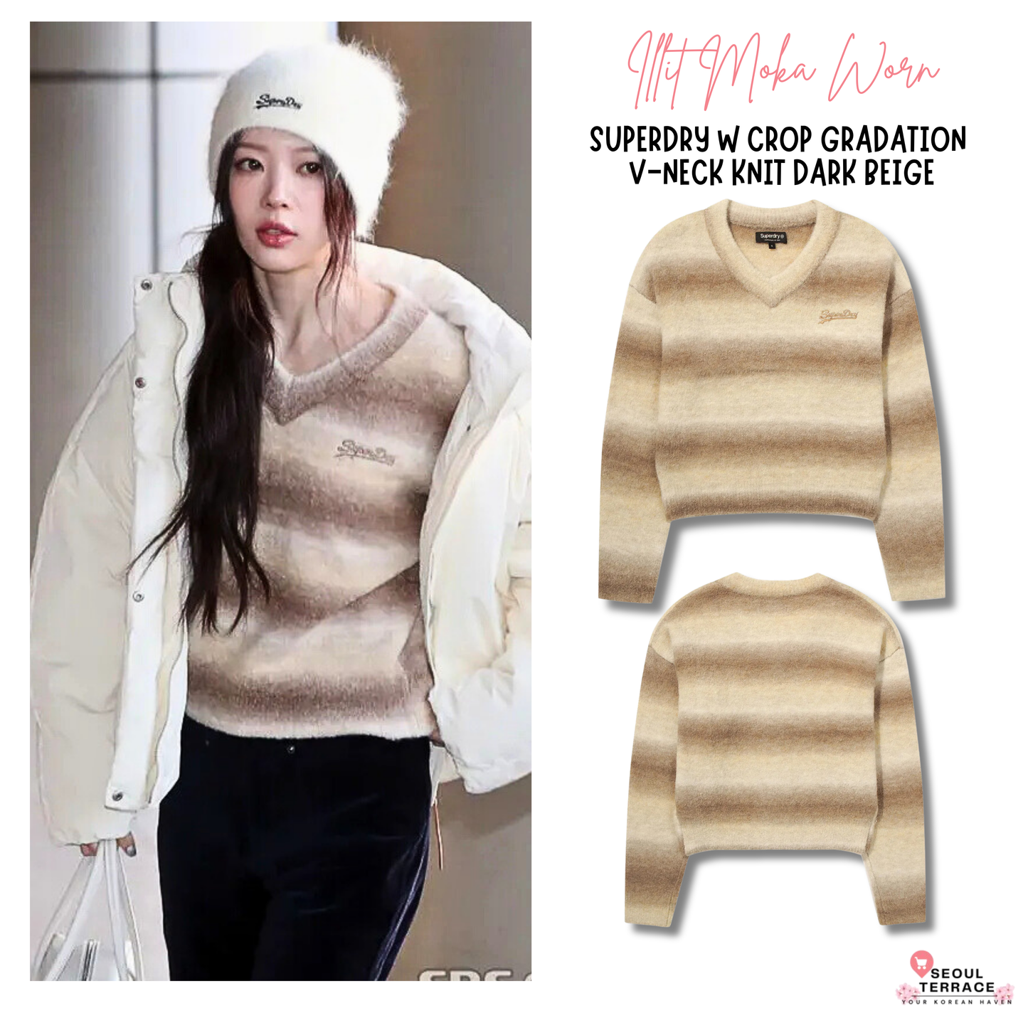 [Illit Moka Worn] Superdry W Crop Gradation  V-Neck Knit Dark Beige