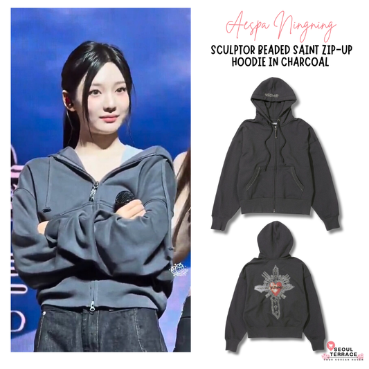[Aespa Ningning Worn] Sculptor Beaded Saint Zip-Up Hoodie in Charcoal