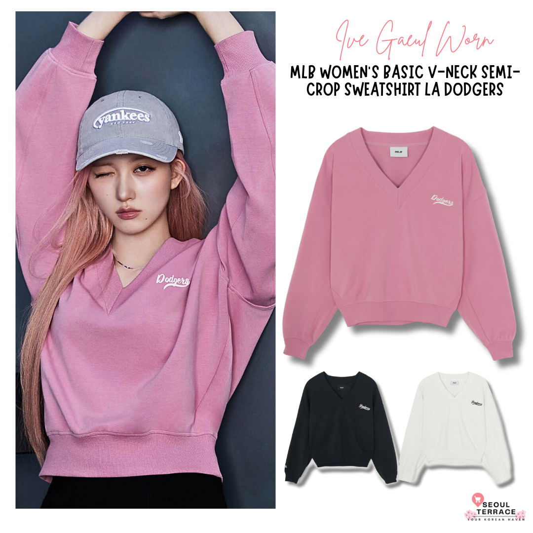 [Ive Gaeul Worn] MLB Women's Basic V-Neck Semi-Crop Sweatshirt LA Dodgers