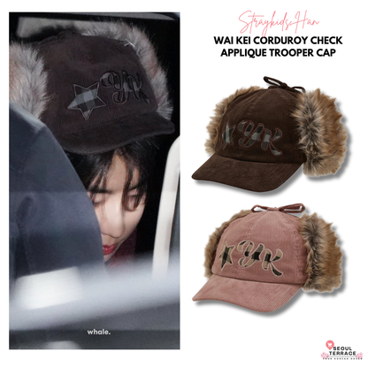 [Straykids Han Worn] Wai Kei Corduroy check Applique Trooper Cap