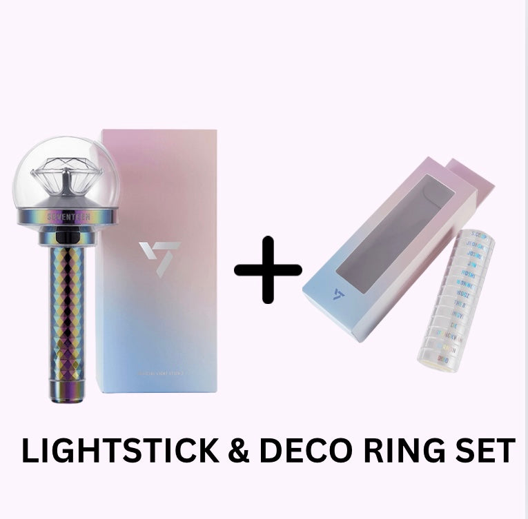 Seventeen Lightstick Ver. 3 and Deco Ring Set for Carat fans, featuring a multi-faceted diamond emblem and stylish packaging.