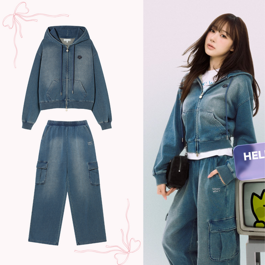 [Aespa Giselle's Wear] WACKY WILLY Women's Denim Washed Crop Hooded Zip-Up / Cargo Pants