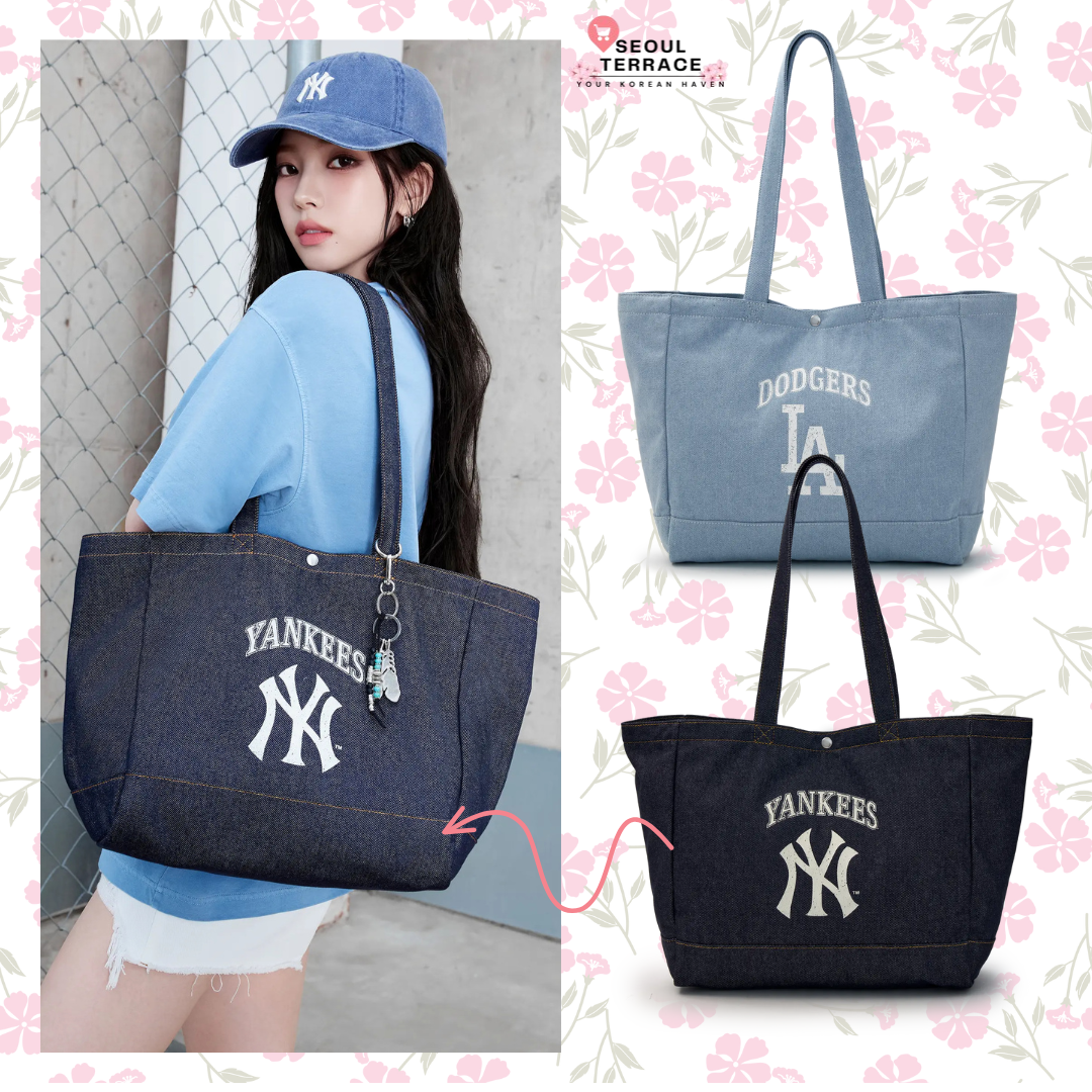 [MLB] Vintage Lettering Denim Shopper Bag ★大人気★ Aespa Karina Pick] MLB Vintage Lettering Denim Shopper Bag