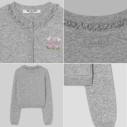 IVE Liz X 8 Seconds [Minju Kim] Neck Ruffle Long Sleeve Cardigan - Gray