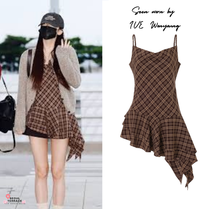 IVE Jang Wonyoung Worn - Lang&Lu CHEX Unbalance Blouse