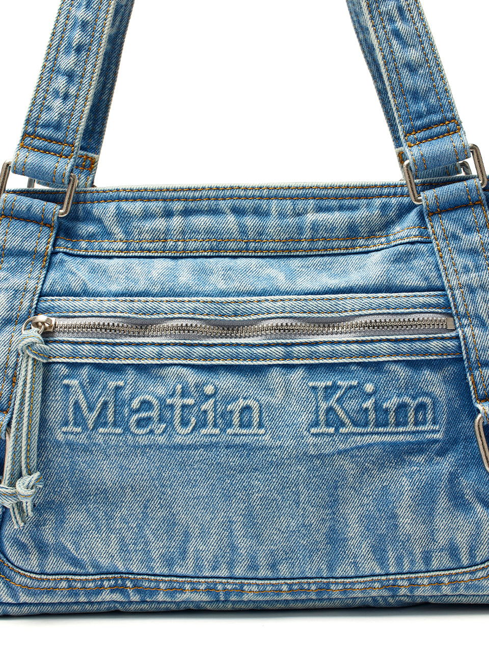 MATIN KIM WASHED DENIM SQUARE BAG IN LIGHT BLUE
