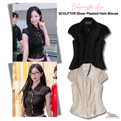 [Babymonster Asa Worn] SCULPTOR Sheer Pleated Hem Blouse