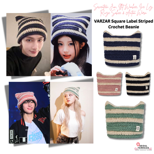 [kpop Idol Best Pick] VARZAR Square Label Striped Crochet Beanie