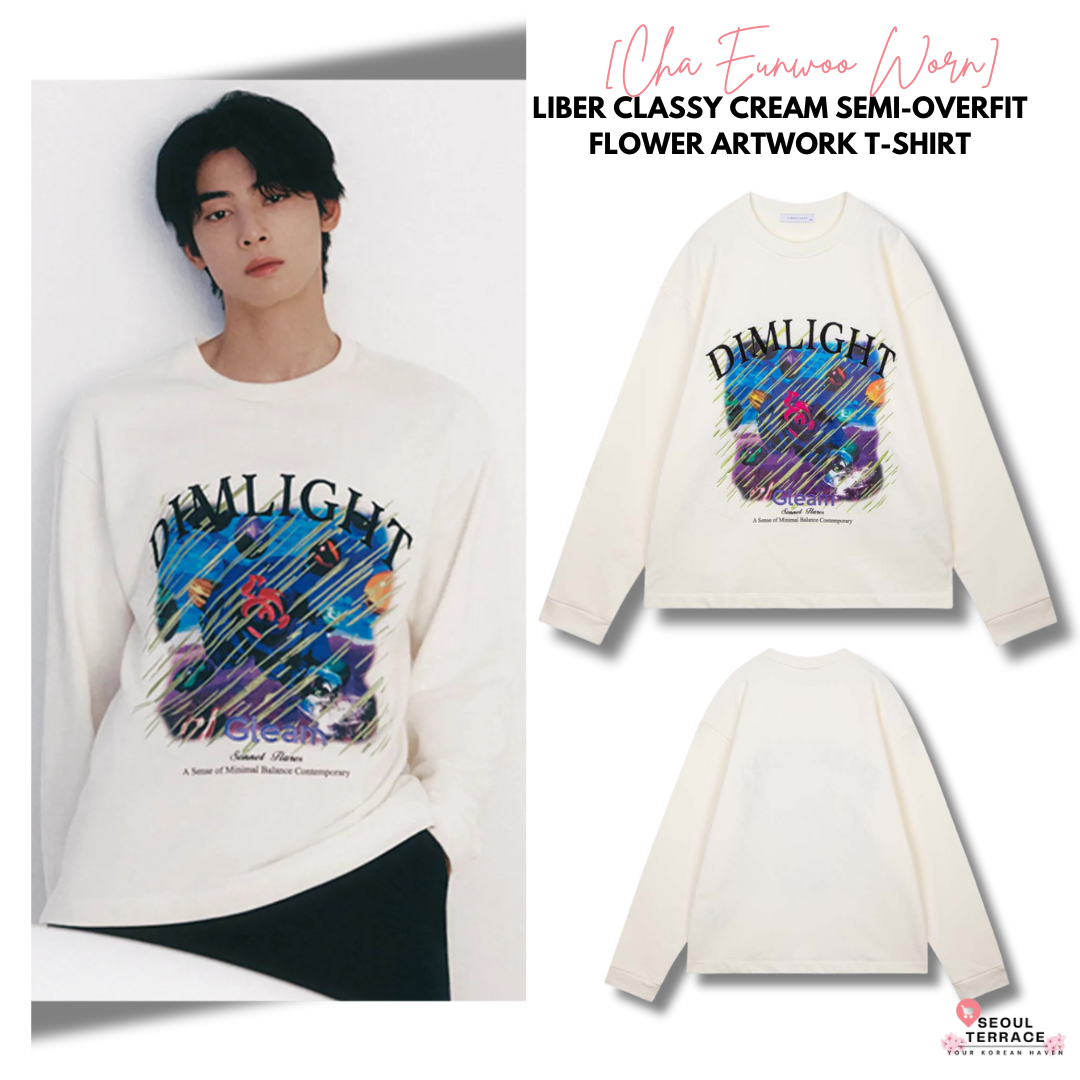 [Cha Eun Woo Worn] Liber Classy Cream Semi-Overfit Flower Artwork T-Shirt