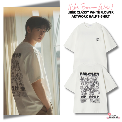 [Cha Eun Woo Worn] Liber Classy White Flower Artwork Half T-Shirt