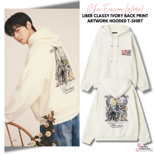 [Cha Eun Woo Worn] Liber Classy Ivory Back Print Artwork Hooded T-Shirt