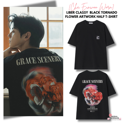 [Cha Eun Woo Worn] Liber Classy  Black Tornado Flower Artwork Half T-Shirt