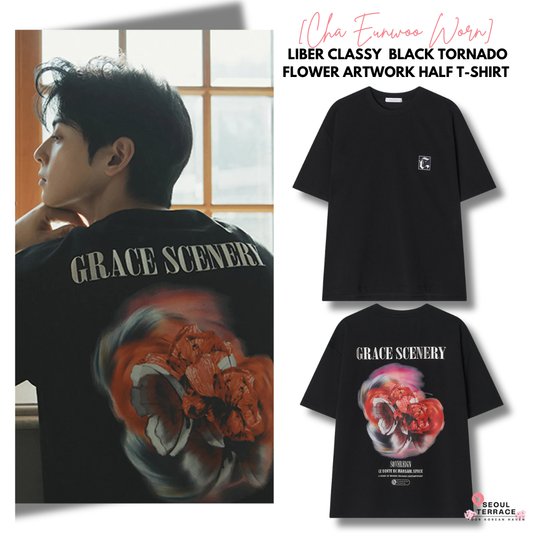 [Cha Eun Woo Worn] Liber Classy  Black Tornado Flower Artwork Half T-Shirt