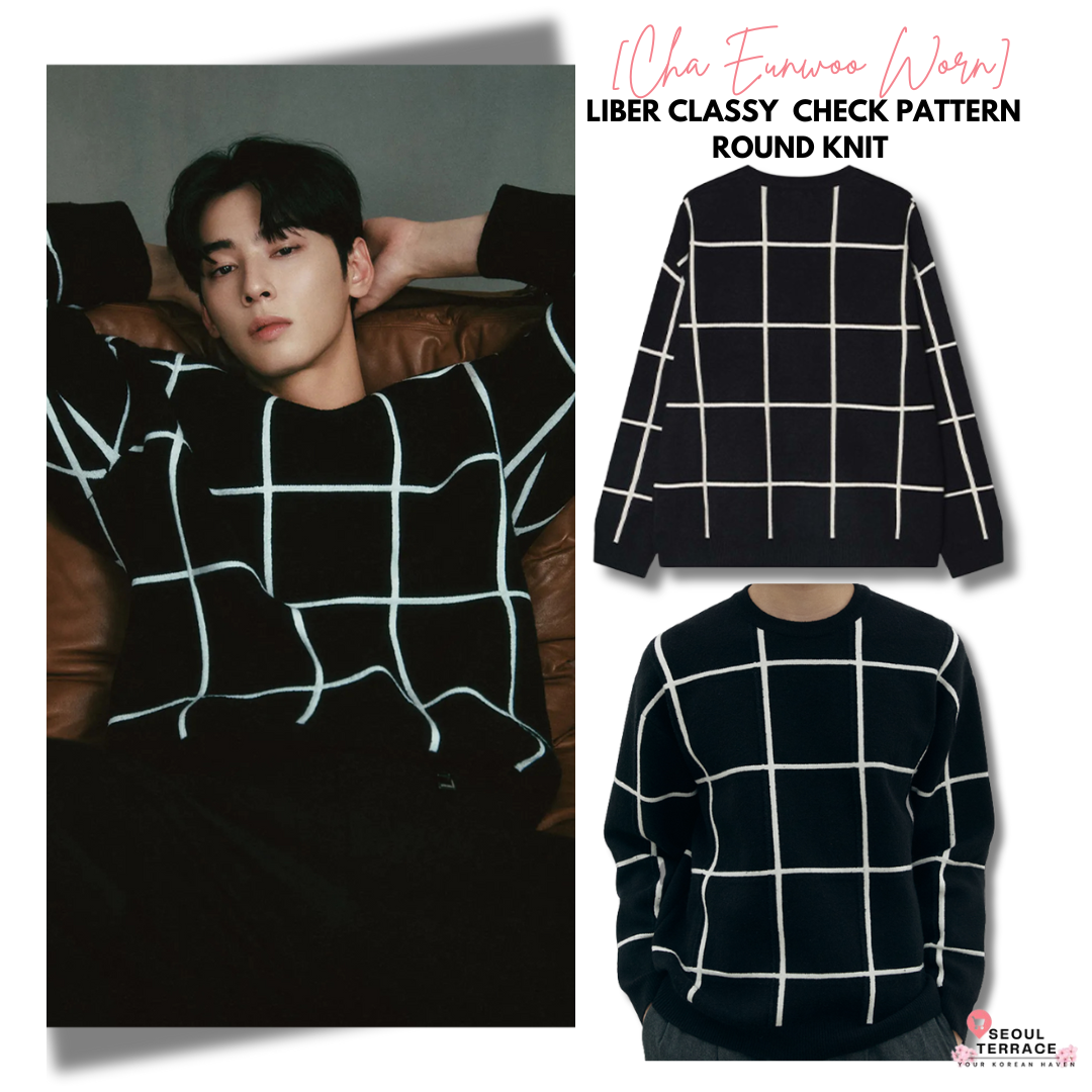 [Cha Eun Woo Worn] Liber Classy Black Check Pattern Round Knit