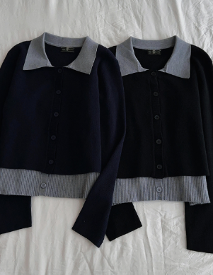 Ririnco - Tenbnity Contrast Layered Collar Neck Knit Cardigan