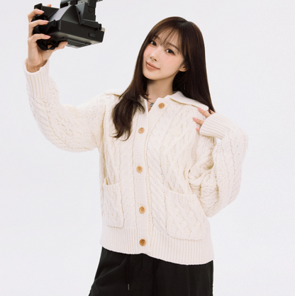 [AESPA Giselle's Wear] WACKY WILLY Women's Cable Collar Cardigan -  Cream
