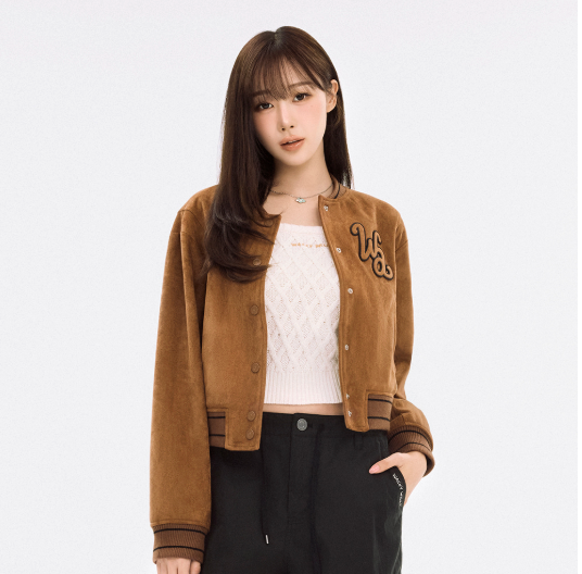 [Aespa Giselle's Wear] WACKY WILLY Women's Suede Varsity Jacket Brown