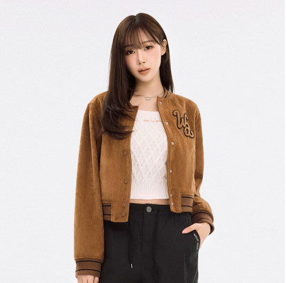 [Aespa Giselle's Wear] WACKY WILLY Women's Suede Varsity Jacket Brown