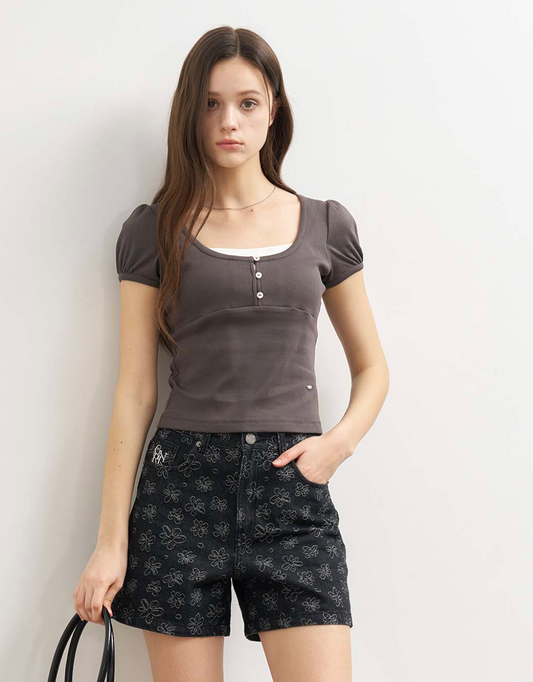 GENERAL IDEA -  WOMAN Flower Denim Shorts [BLACK]