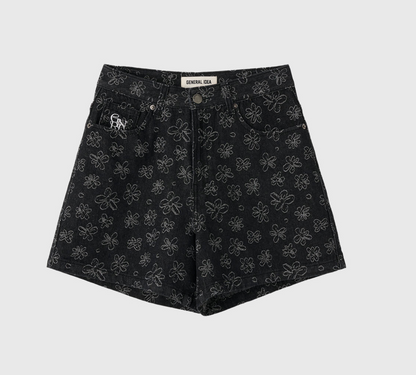 GENERAL IDEA -  WOMAN Flower Denim Shorts [BLACK]