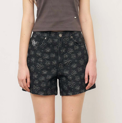 GENERAL IDEA -  WOMAN Flower Denim Shorts [BLACK]