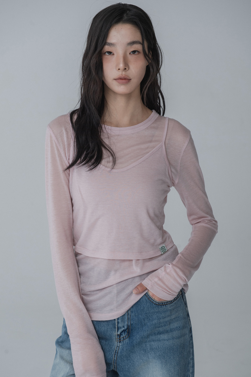 MarsEnAvril - LAYERED SEE-THROUGH BUSTIER & T-SHIRT SET (PINK)