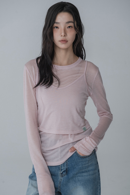 MarsEnAvril - LAYERED SEE-THROUGH BUSTIER & T-SHIRT SET (PINK)