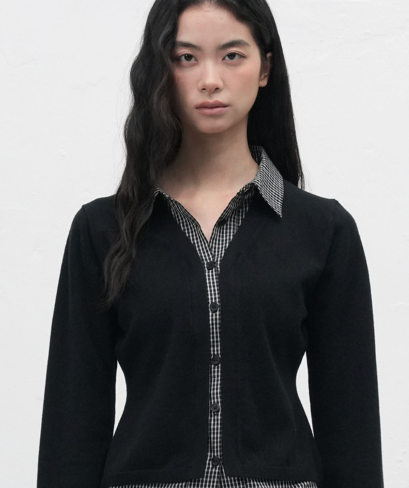 GENERAL IDEA -   WOMAN Check Shirt Layered Cardigan [BLACK]