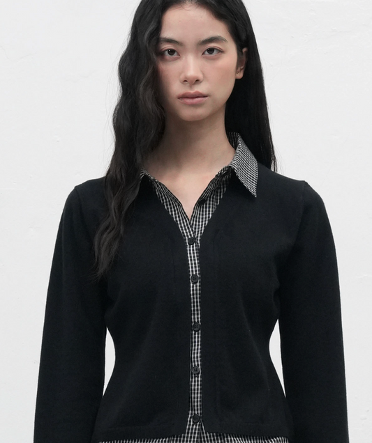 GENERAL IDEA -   WOMAN Check Shirt Layered Cardigan [BLACK]