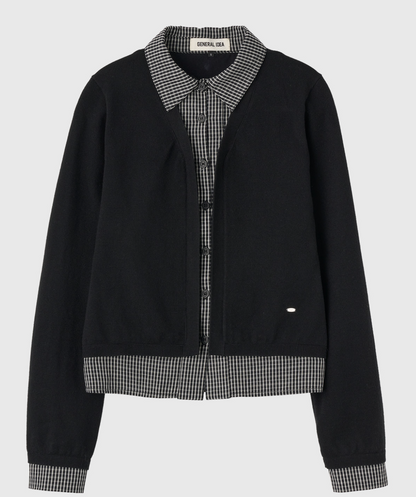 GENERAL IDEA -   WOMAN Check Shirt Layered Cardigan [BLACK]