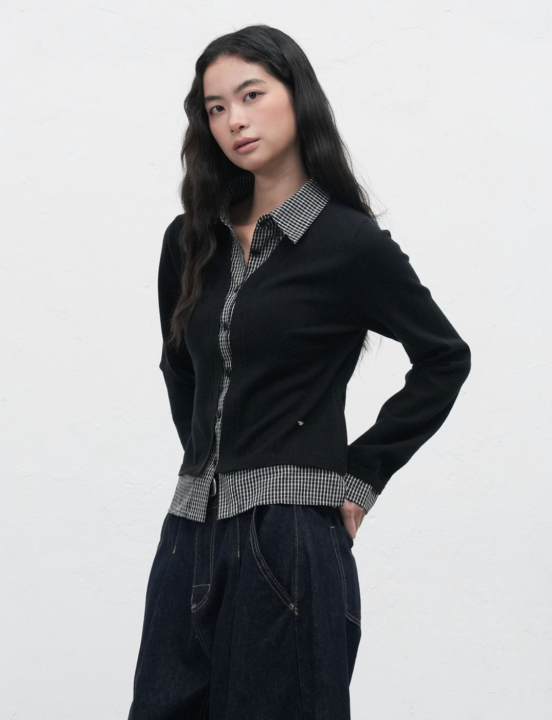 GENERAL IDEA -   WOMAN Check Shirt Layered Cardigan [BLACK]