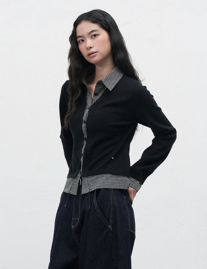 GENERAL IDEA -   WOMAN Check Shirt Layered Cardigan [BLACK]