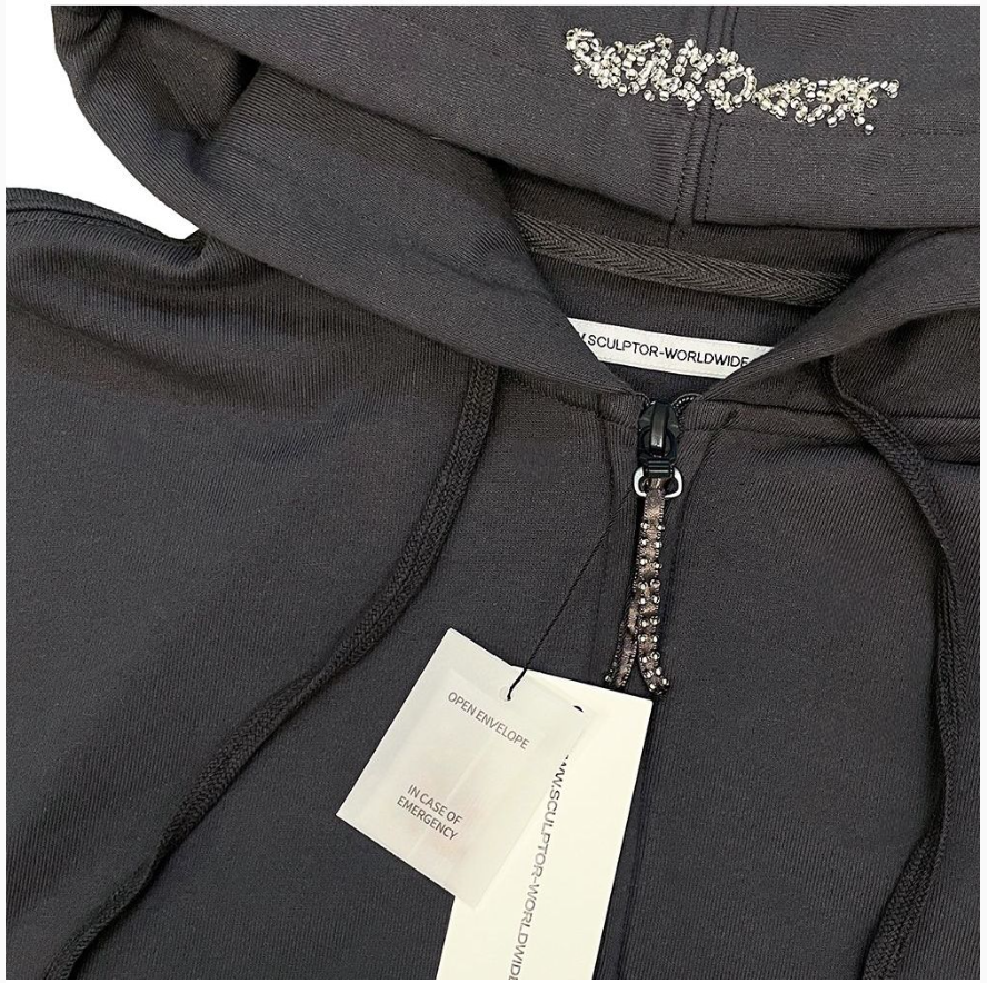[Aespa Ningning Worn] Sculptor Beaded Saint Zip-Up Hoodie in Charcoal