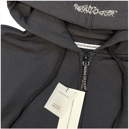 [Aespa Ningning Worn] Sculptor Beaded Saint Zip-Up Hoodie in Charcoal