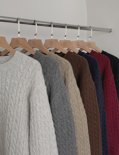 RIRINCO - Nuelore Wool Round Neck Cable Knit Sweater