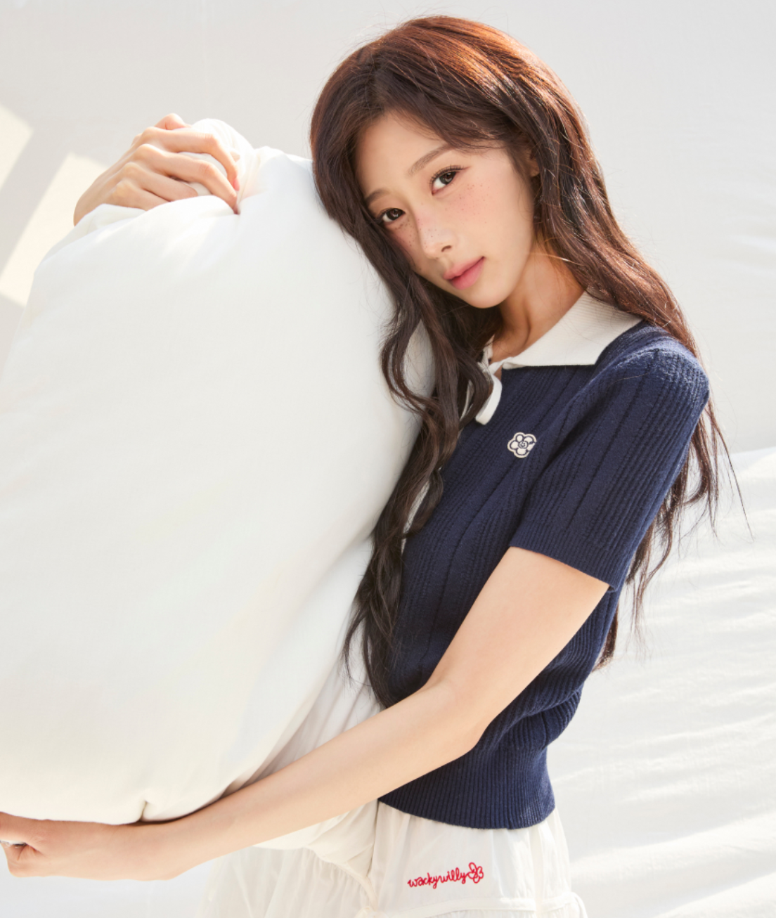 [Aespa Giselle Worn] Wacky Willy Women's Ribbon Collar Short Sleeve Knit Navy