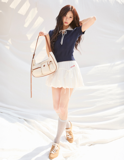 [Aespa Giselle Worn] Wacky Willy Women's Ribbon Collar Short Sleeve Knit Navy