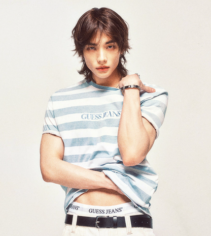 [Straykids Hyunjin Worn] 26 Summer Guess Men Regular Indigo Stripe Short Sleeve T-Shirt _  Light Blue