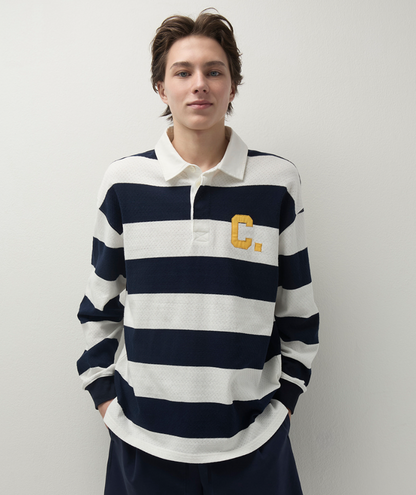 [Aespa Winter Worn] CLOVES Varsity Stripe Rugby Shirt (Navy)