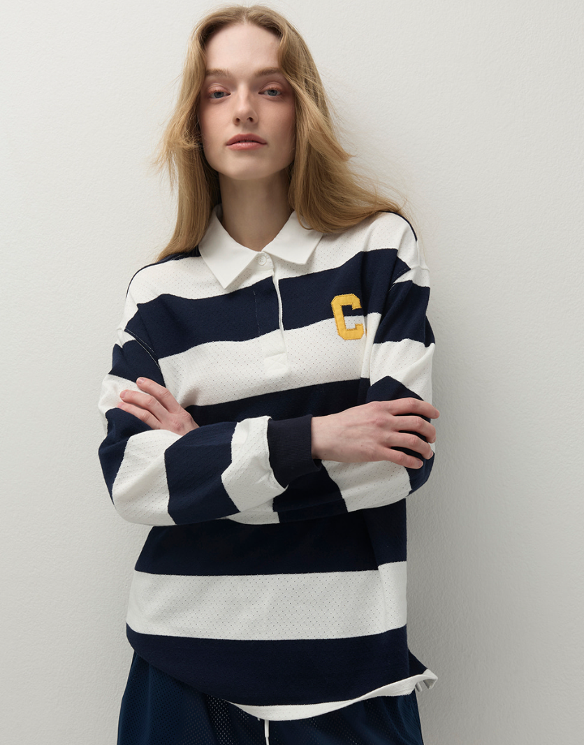 [Aespa Winter Worn] CLOVES Varsity Stripe Rugby Shirt (Navy)