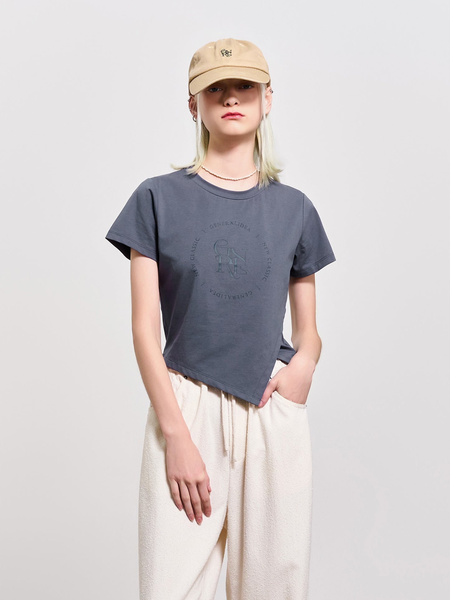 GENERAL IDEA -  WOMAN GNRL Unbalanced Silk Span Short Sleeve T-shirt [DUST BLUE]