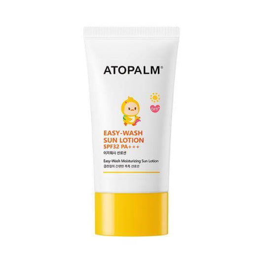 ATOPALM Easy-Wash Sun Lotion SPF32 PA+ for kids and babies, sunblock for sensitive skin, yellow cap packaging.